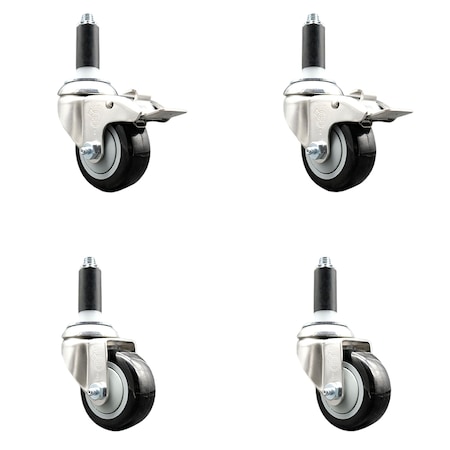Service Caster 3.5 Inch 316SS Black Polyurethane Swivel 1-1/8 Inch Stem Caster Lock Brake, 2PK SS316TTLEX20S3514-PPUB-BLK-2-S-2-118